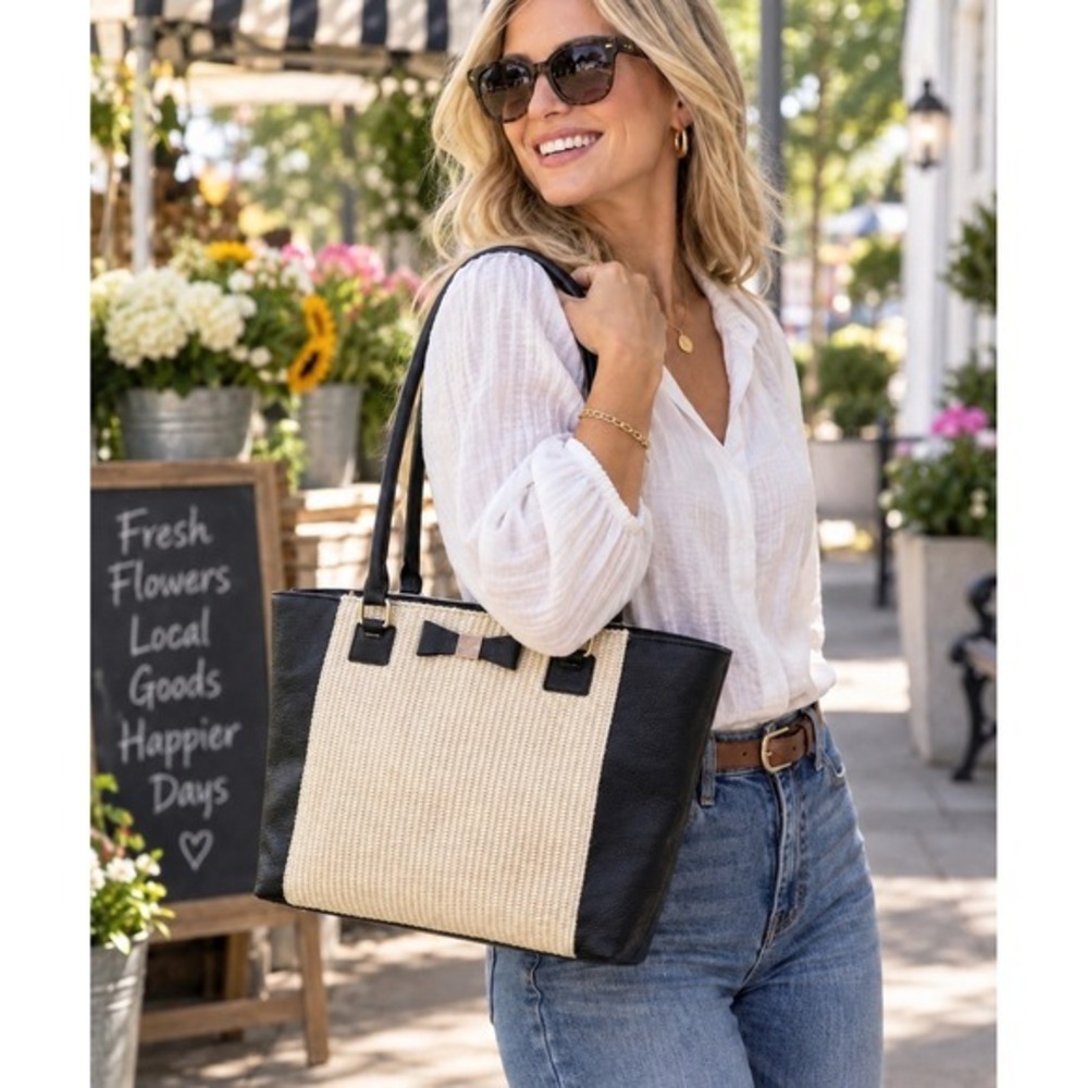 Kate Spade Bag Montford Park Straw Ratan Jovie Tote Black Cream Leather Bow